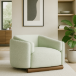 Modern Upholstered Accent Chair with Rounded Arms and Wooden Base